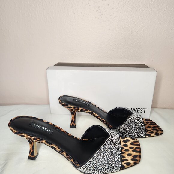 Nine West Bling Jeweled Leopard Print Slip-On Square Toe Heels Size 9 - Picture 6 of 7